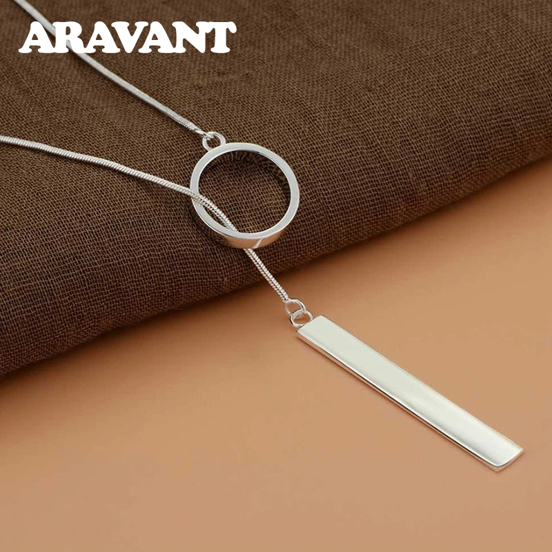 Silver 925 Long Circle Bar Pendants Necklace Chains For Women Valentine's Gift Fashion Jewelry