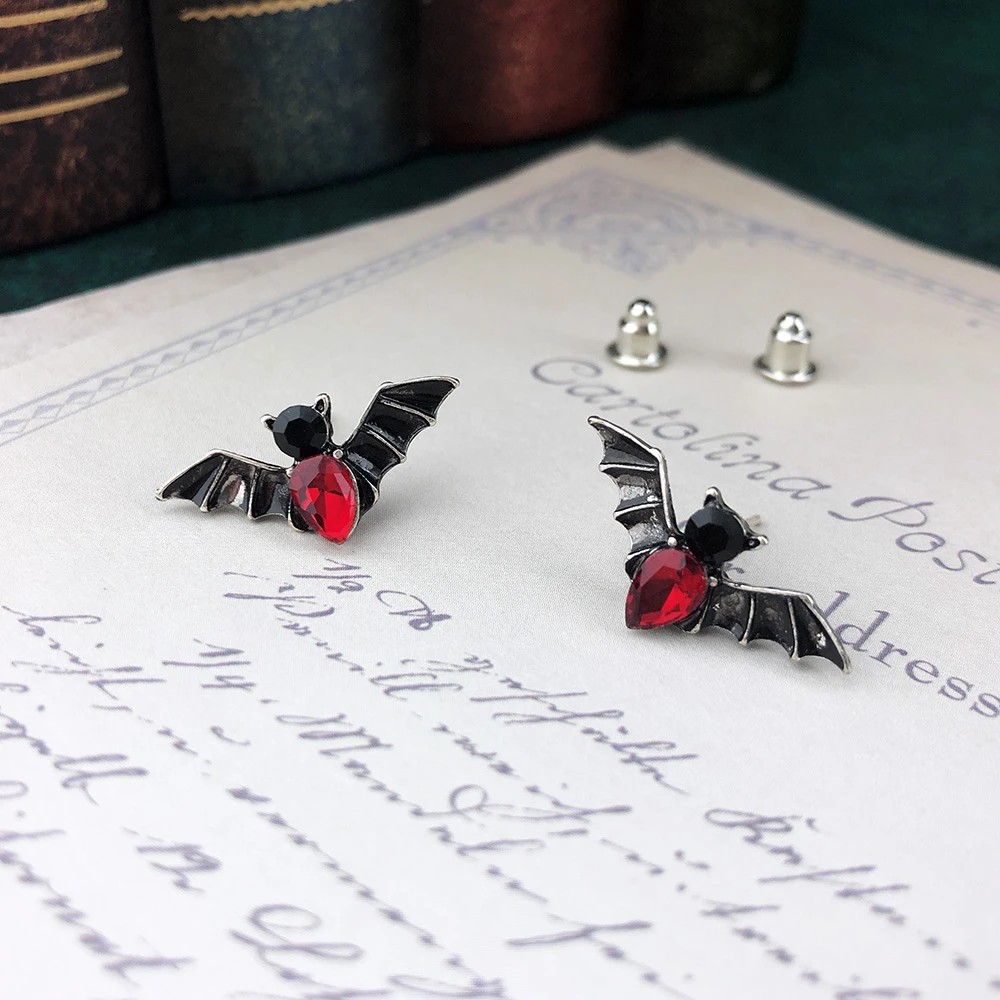 VamGoth Bat Stud Earrings For Women Men Punk Red Crystal Gift Ancient Silver Color Party Gift Wholesale Jewelry