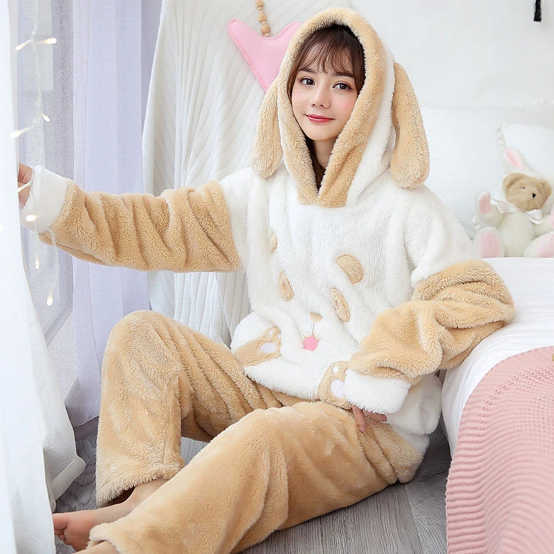 2 Pcs/lot Winter Pajamas Sets Women Sleepwear Warm Flannel Long Sleeves Coral Pijama Pink Thick Homewear Pyjama Sleepwear