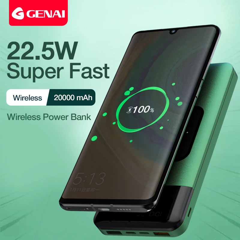 GENAI Wireless Charger Power Bank 20000mAh Fast Charging Portable Charger Powerbank for Smartphone External Battery Rechargeable