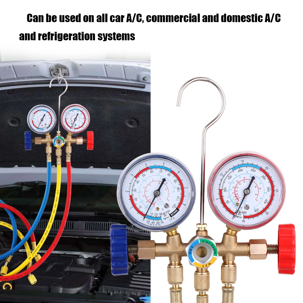 Refrigerant Manifold Gauge Air Condition Refrigeration Set Air Conditioning Tools with Hose and Hook for R12 R22 R404A R134A