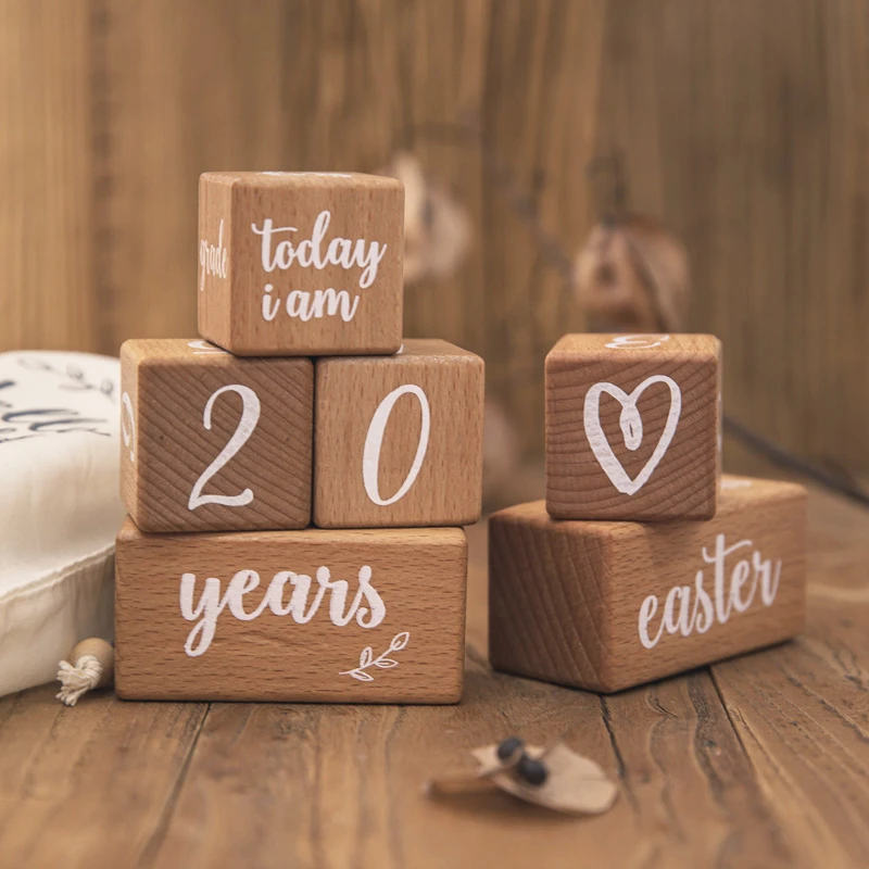 1Set Baby Milestone Cards Wooden Block With Box Commemorate Baby Birth Photography Prop Block Newborn Photography Props Set