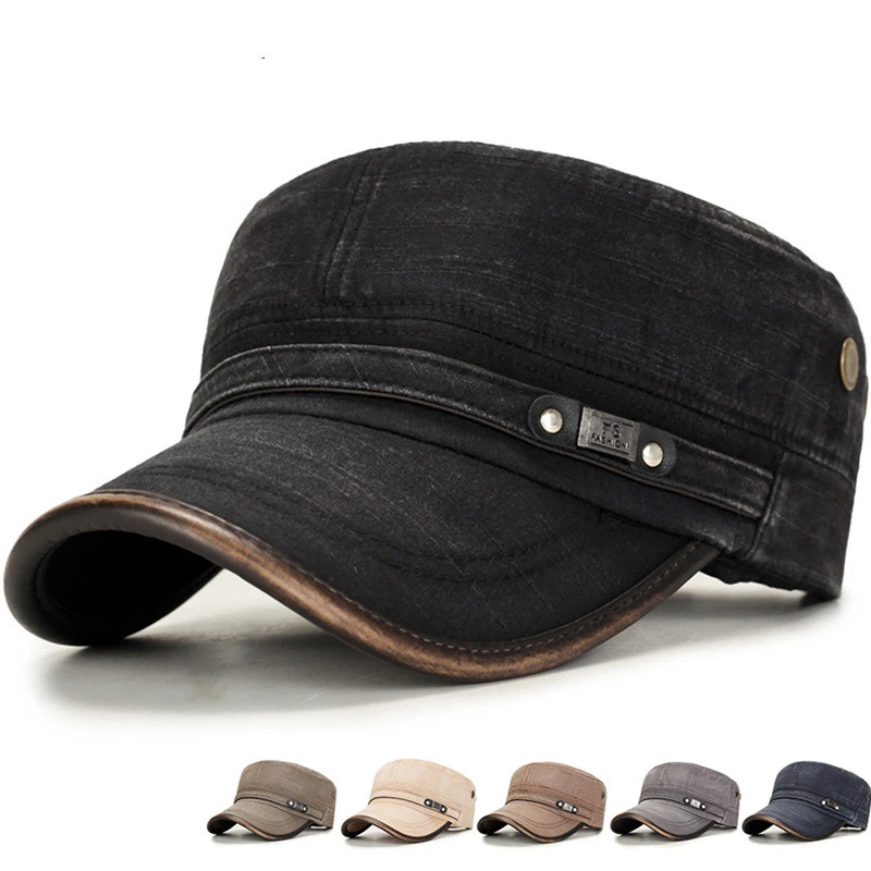 Classic Vintage Washed cotton Military Caps Flat Top Mens Adjustable Fitted Thicker Cap Winter Warm Hat sunshade ear caps