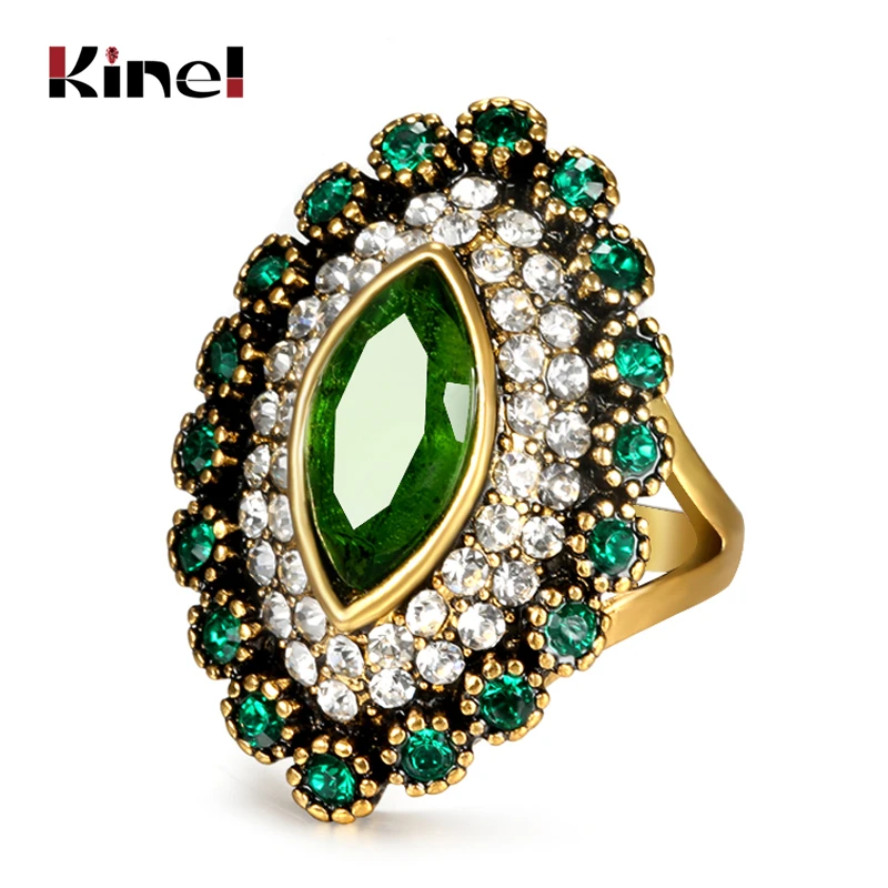 Kinel 2020 New Fashion Green Stone Ring Vintage Jewelry Antique Gold Covered With White Crystals Rings For Woman Luxury Gift