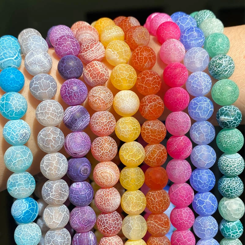 Natural Coloful Frost Cracked Agates Stone Beads Round Loose Spacer Beads For Jewelry Making DIY Bracelet Handmade 4/6/8/10/12mm