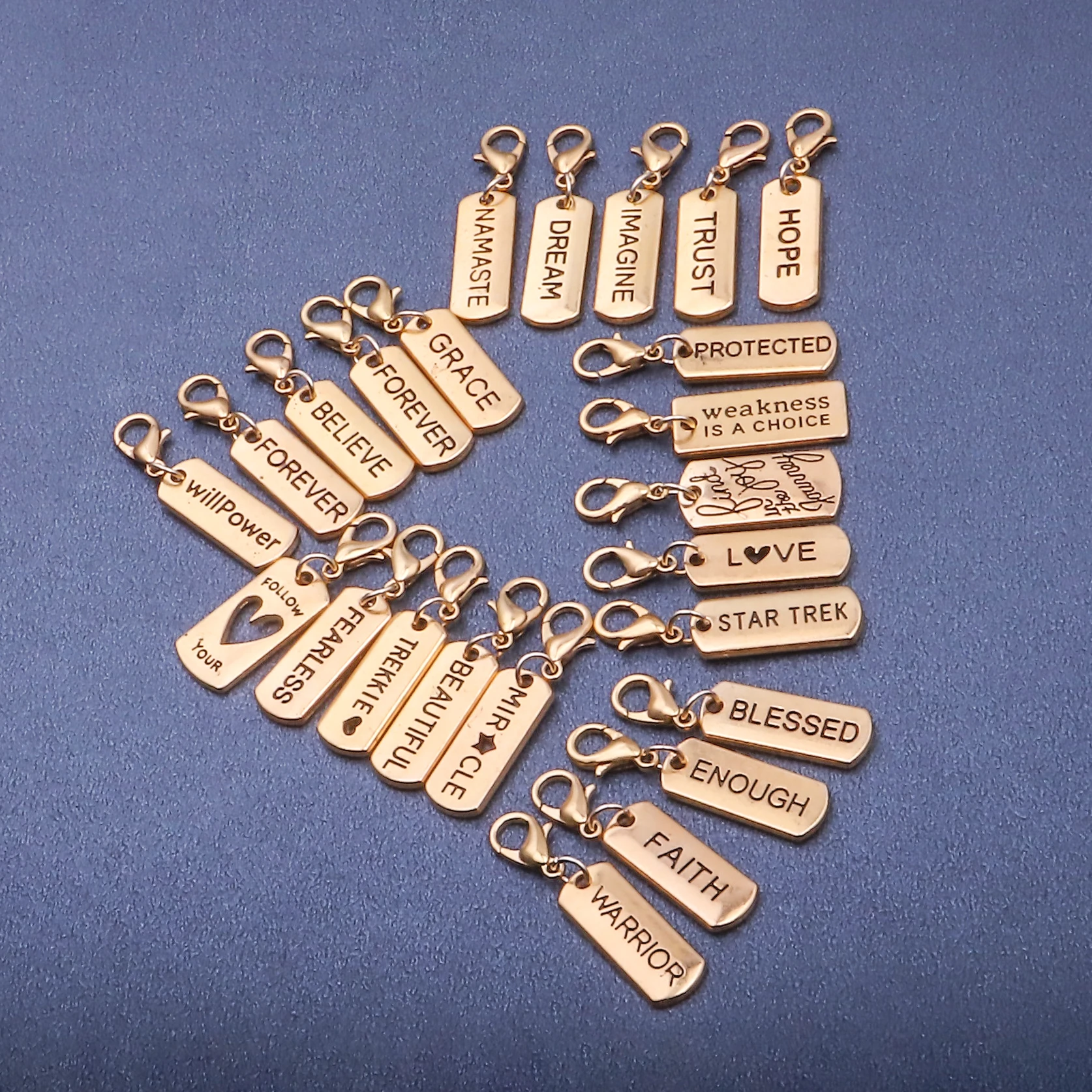 24pcs Word Tags Pendant Charms Antique Golden Color Blessed Faith Believe Trust Family Fearless Dream Hope Lobster clasp Charms