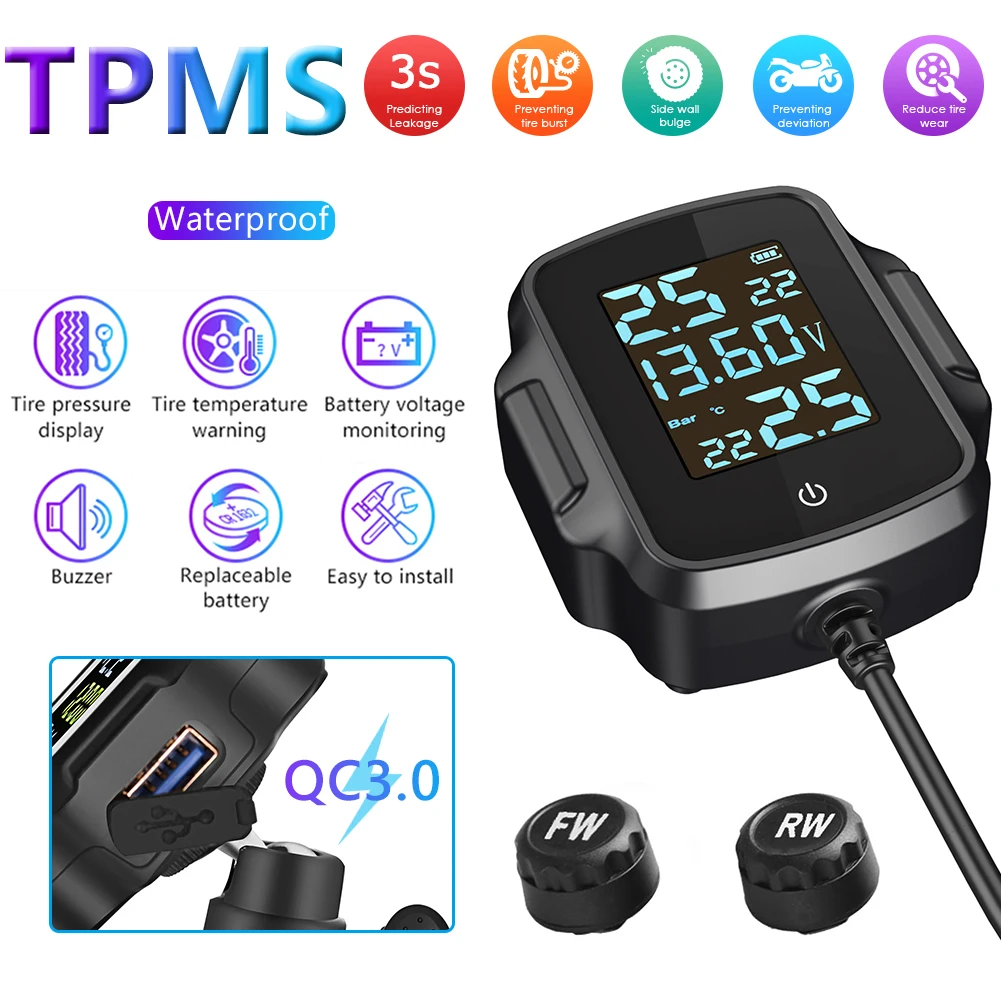 Motorcycle TPMS Motorbike Tire Pressure Monitoring System Tyre Temperature Alarm System with QC 3.0 USB Charger for Phone Tablet