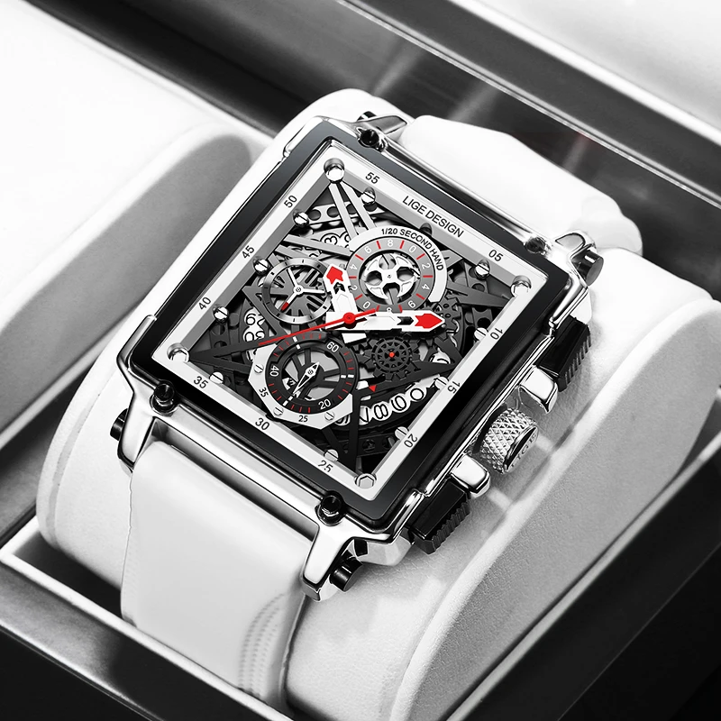 2021 LIGE Men's Sports Chronograph Wrist Watch For Men Army Silicone strap Square Quartz Stop Watch Clock Man Relogios Masculino