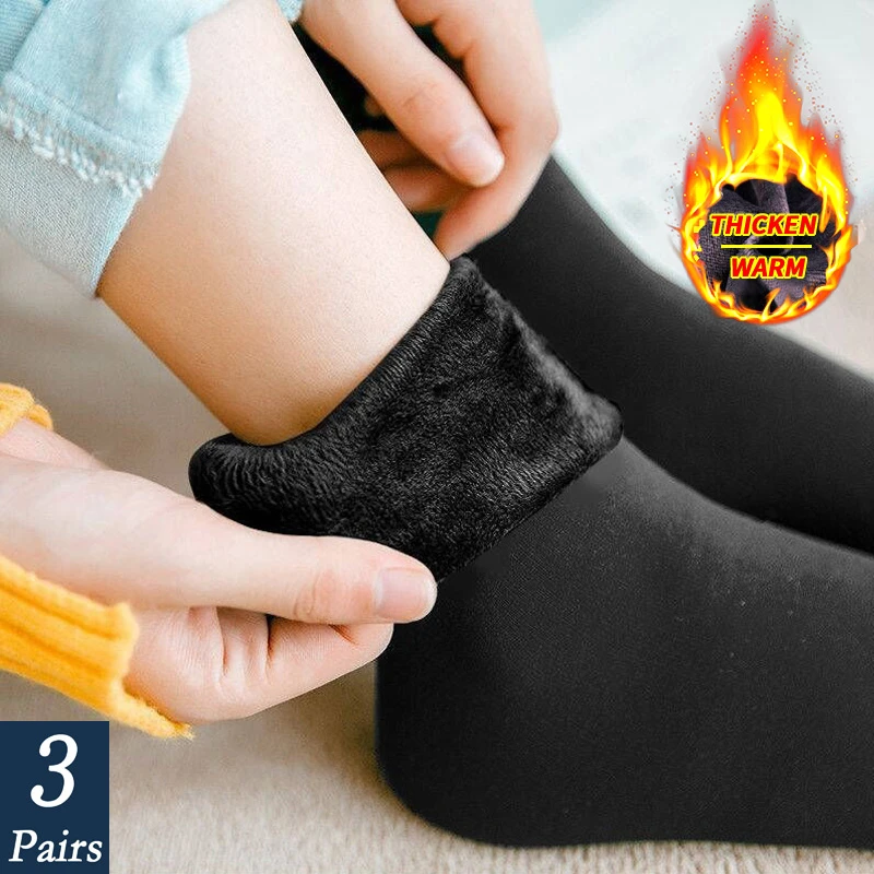 3Pairs/lot Women Winter Warm Thicken Thermal Soft Casual Solid Color Socks Wool Cashmere Home Snow Boots Velvet Home Floor Sock