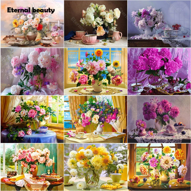 Flower Diamond Painting Kit Retro Diamond Embroidery Cross Stitch Vintage Fresh Flowers Wall Picture Mosaic for Home Wall Decor