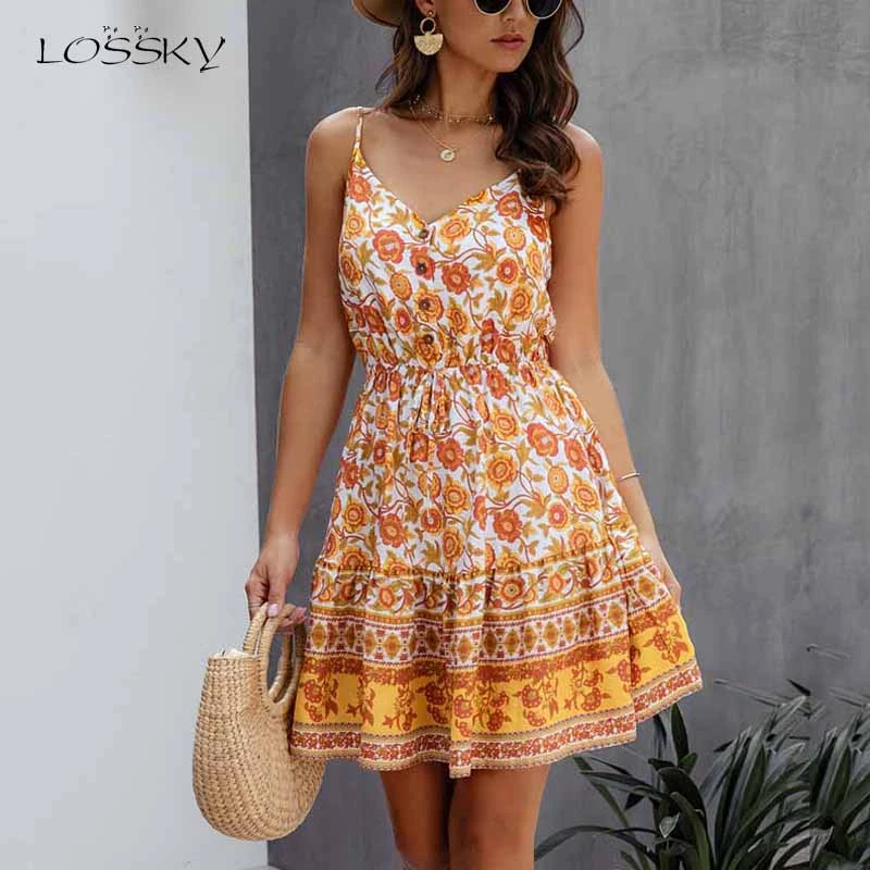 Lossky Summer Women Dress Buttons Cotton Mini Sundress Fashion Sexy Short Backless Slip Elastic Waist 2021 Sleeveless Dresses