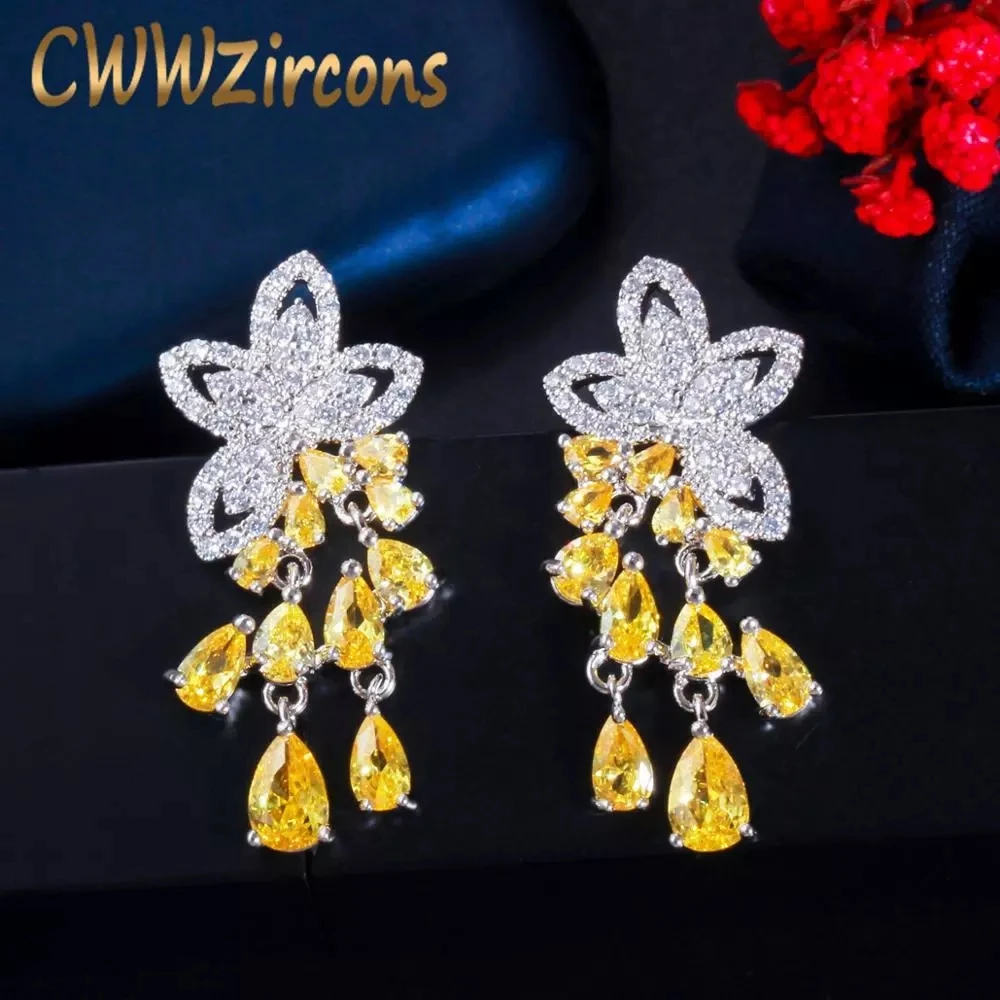 CWWZircons Symmetrical Leaf Shape Tassel Water Drop Yellow CZ Topaz Silver Dangle Earrings for Women Korean Party Jewelry CZ788