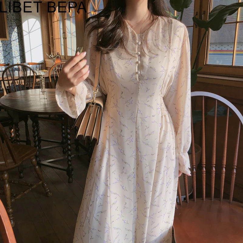 2021 New Spring Summer Women Dress Printed Floral Elegant Puff Sleeve V-Neck Elastic Waist High Female Chiffon Dresses DR1205