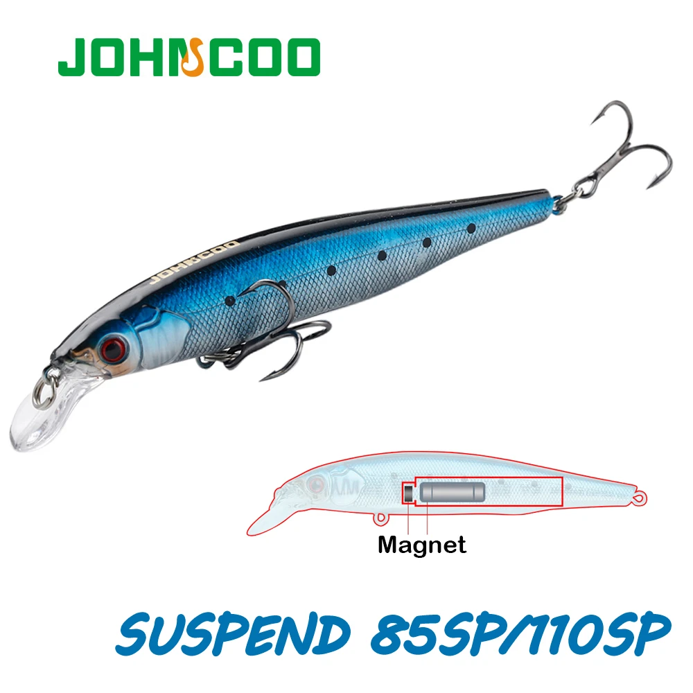 JOHNCOO Fishing Lure Minnow Wobbler Artificial Bait Hard Bait Suspending 85mm/110mm 8g/18.5g 2 Hooks