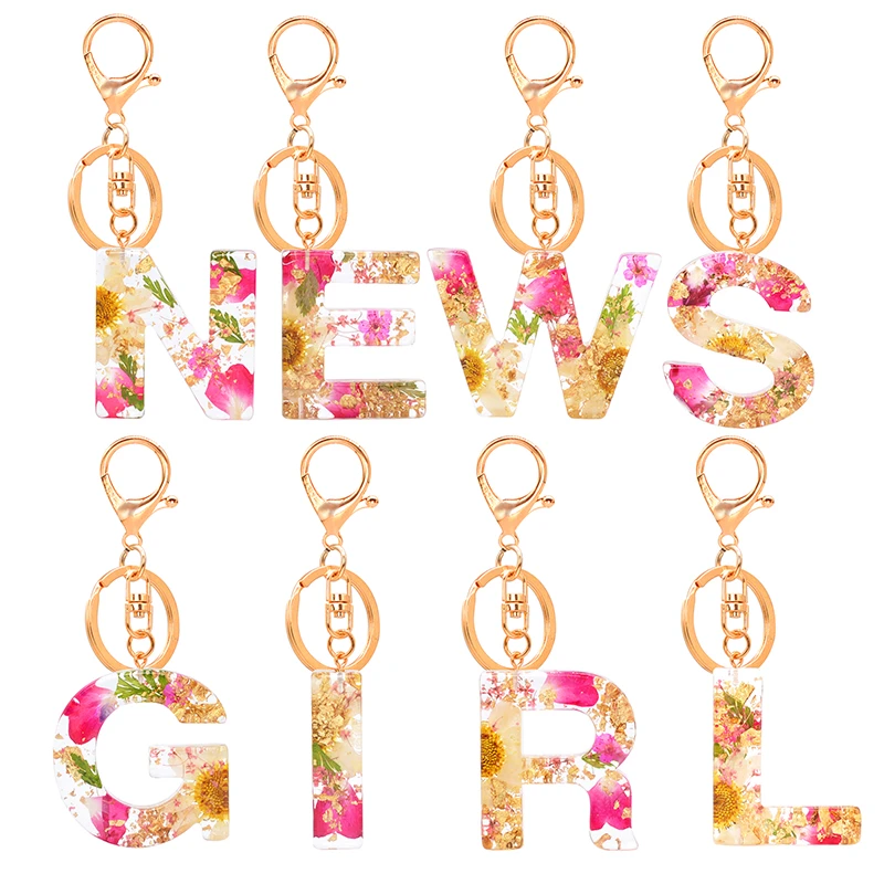 Letter Pendant Keychains Resin Key Chains Rings Women Cute Car Acrylic Glitter Dried Flower Alphabet Keyring Holder Charm Bag