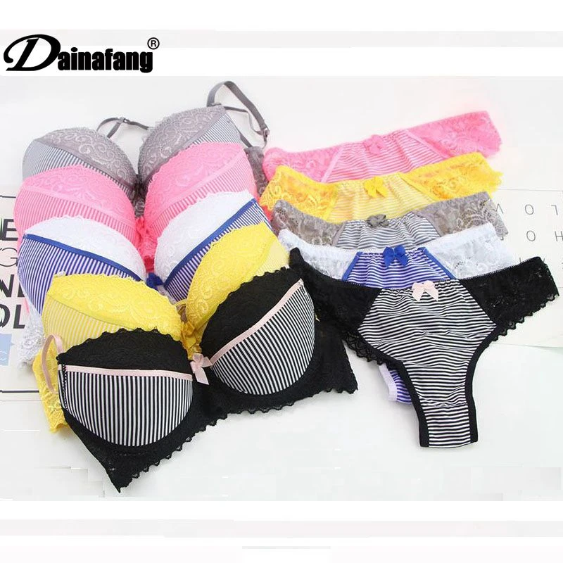 DaiNaFang Push Up Bra Sets Sexy Lace Bow Underwear Panties For Womens BCDE Cup Ladies Plus Size French Female  Lingerie Thong