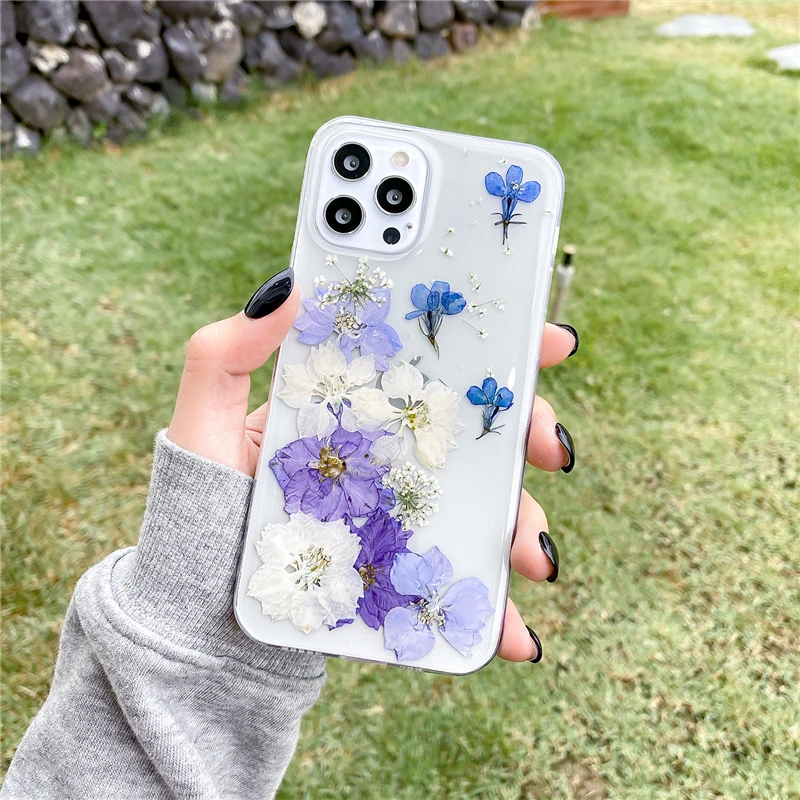 Qianliyao Dried Real Flower Handmade Clear Pressed Phone Case For iPhone 13 12 11 Pro Max X XS Max XR 7 8 Plus SE 2 Soft Cover