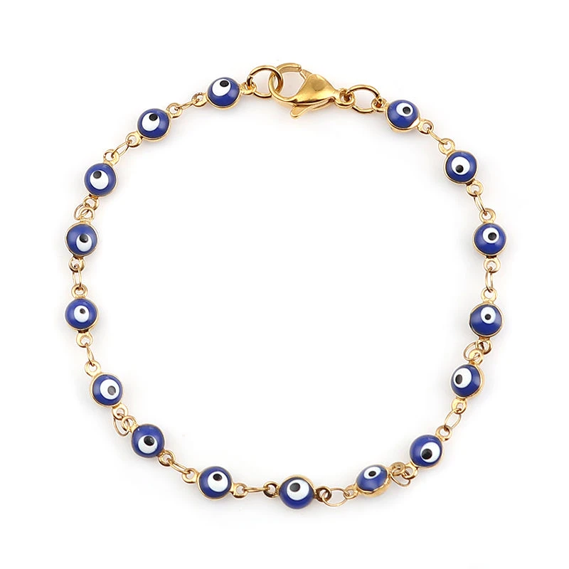 Fashion Stainless Steel Bracelets Gold Blue Red Evil Eye Enamel Bead Bracelet Jewelry For Women Men Gifts 18.7cm Long, 1 PC