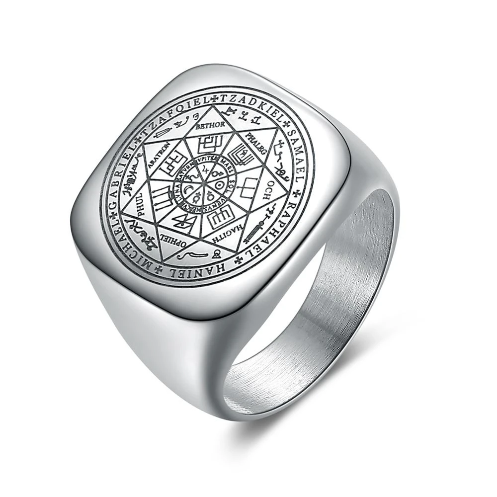 Solomon Rings for Men Silver Color Magic Runes Stainless Steel Signet Rings Pagan Amulet Male Jewelry
