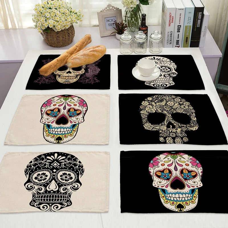 1Pcs Skull Pattern Placemat Dining Table Mats Drink Coasters Cotton Linen Pads Cup Mats 42*32cm Kitchen Accessories MC0026