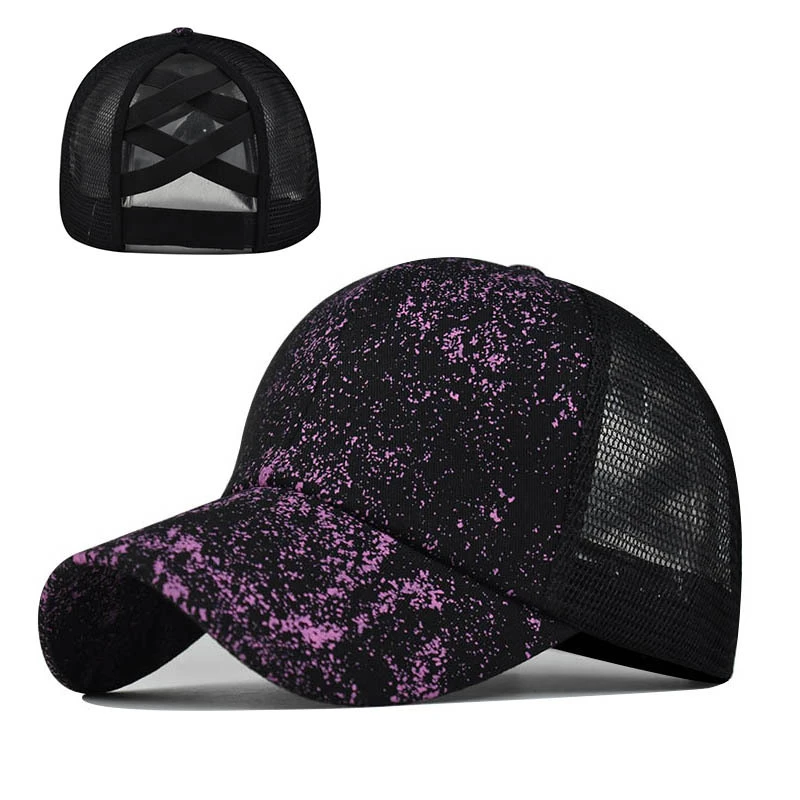 Women Color Printing Fashion Breathable Ponytail Baseball Cap Casual Summer Snapback Hat Purple trend Satin Mesh hat