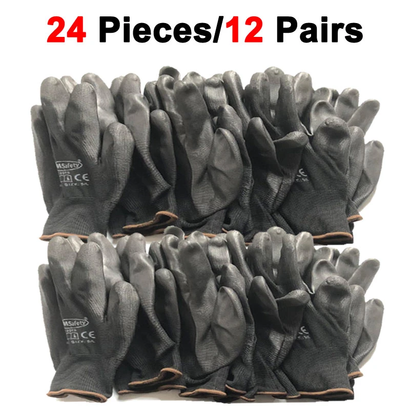 24Pieces/12 Pairs Industrial Protection Work Safety Gloves Black Pu Nylon Cotton Glove with Garden NMSafety Brand All Sizes