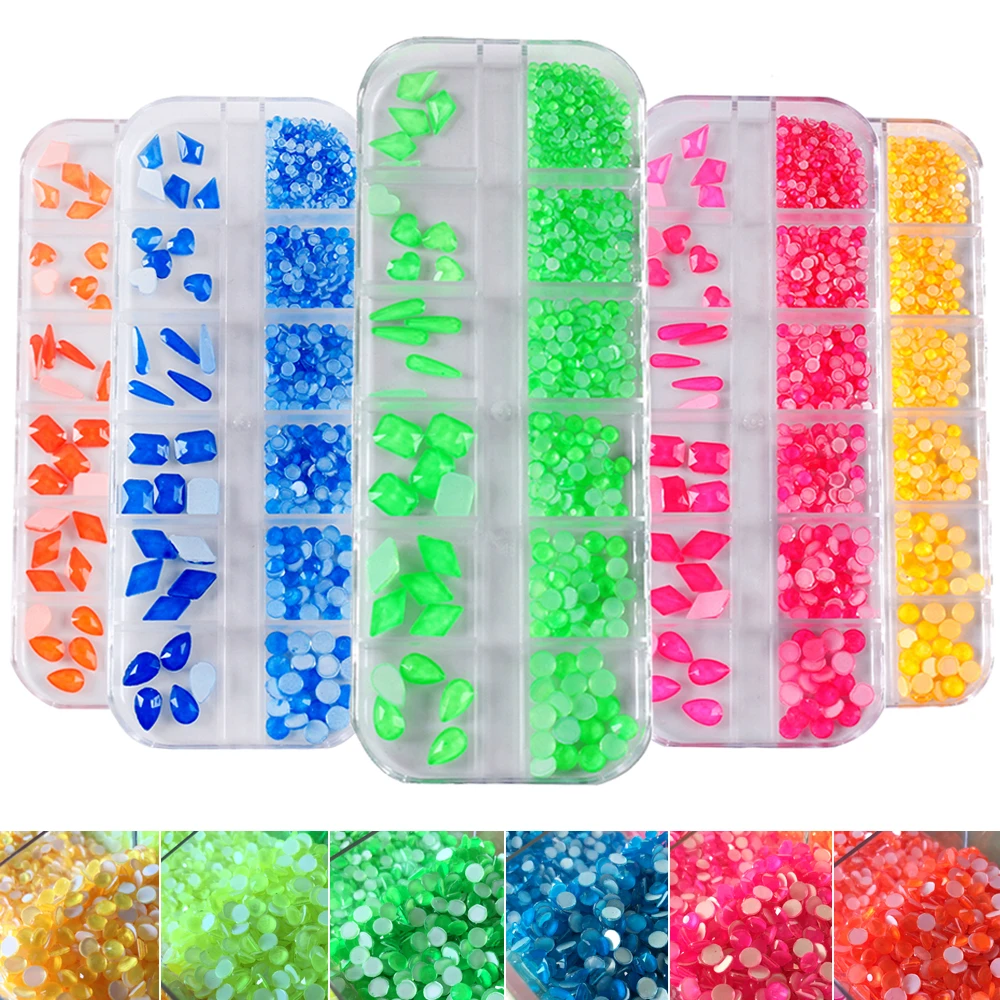 1 Box Multi Size Glass Rhinestones Mixed Shape Flat-back fluorescence Colors 3D Charms DIY Tips Manicure Nail Art Decorations