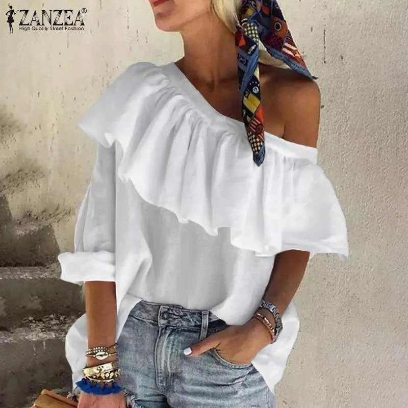 ZANZEA Fashion Off Shoulder Tops Women's Summer Ruffle Blouses 2021 Casual Female Solid Shirt Flounce Blusas Chemise