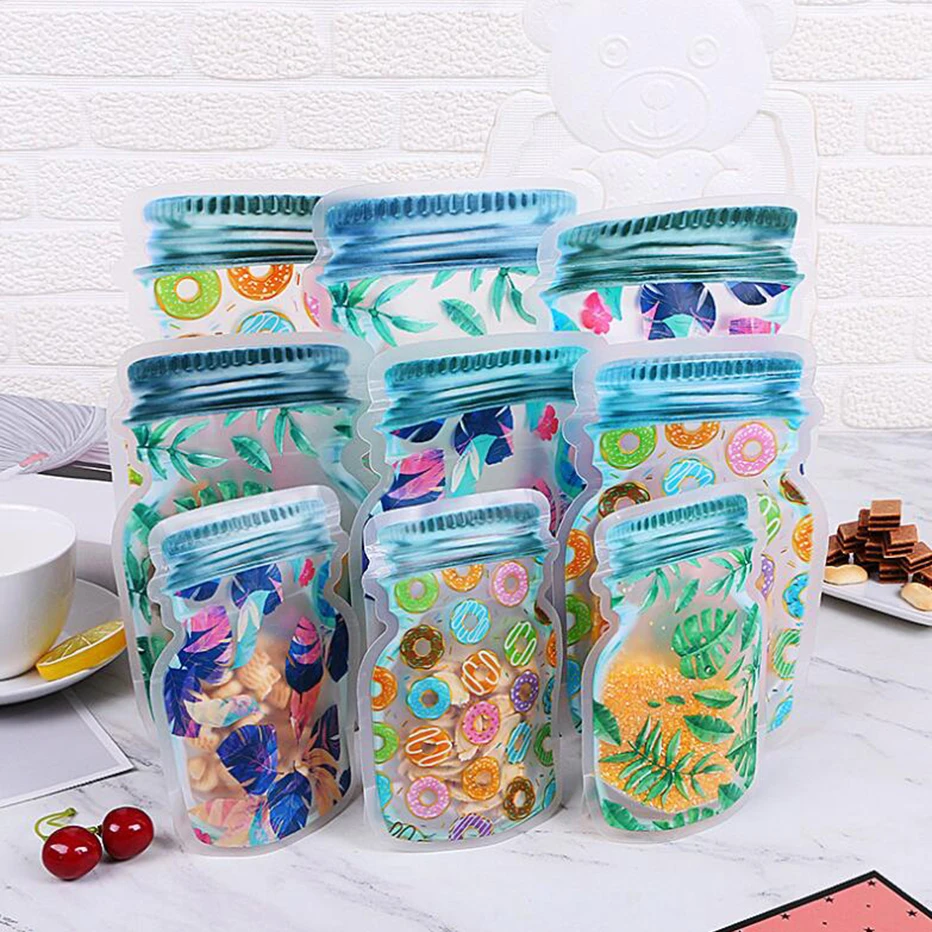 3/10pcs Mason Jar Zipper Bags Storage for Food Nuts Snacks Reusable Waterproof Seal Food Bag Ziplock Bottles Shaped Bag