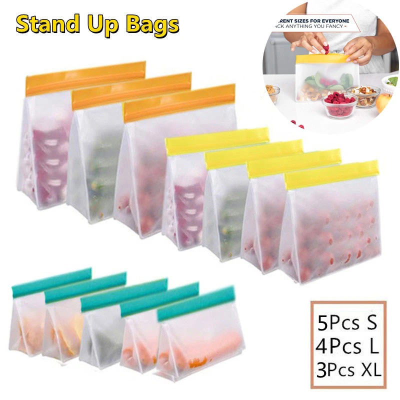 PEVA Food Silicone Bag Reusable Freezer Stand Up Bag Silicone Storage Bag Leakproof Top Kitchen Organizer Cup Bowl Bags BPA Free