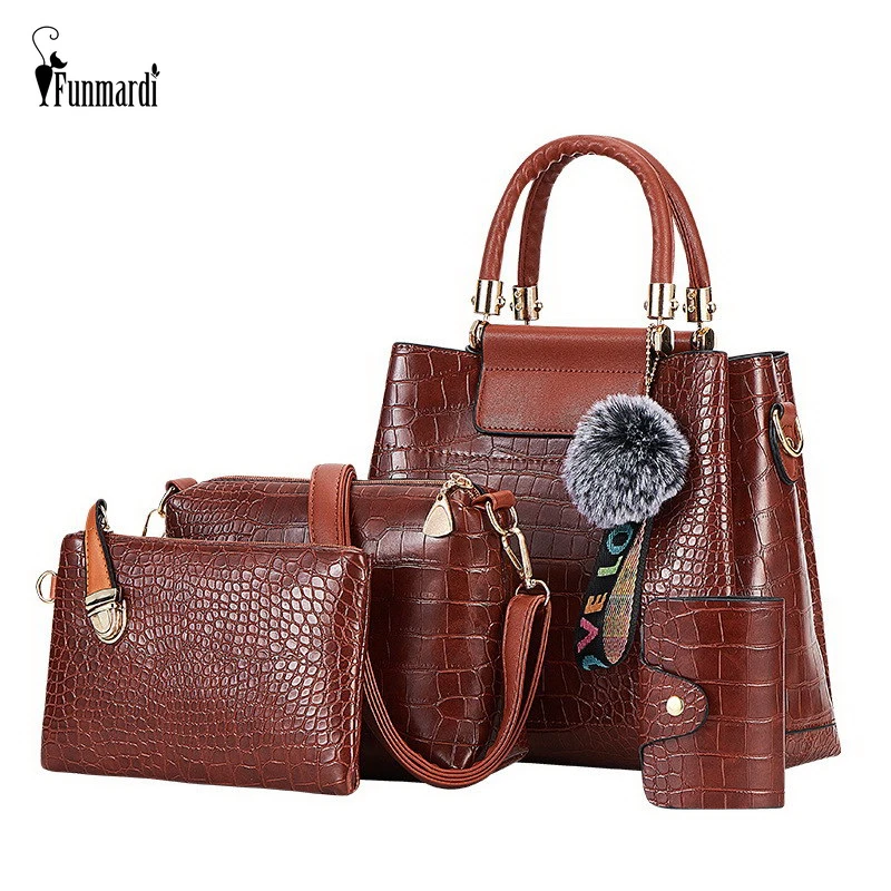 FUNMARDI 4PS Women Bags Set Luxury Crocodile Female Handbags PU Leather Shoulder Bags Brand Composite Bags Crossbody WLHB2024