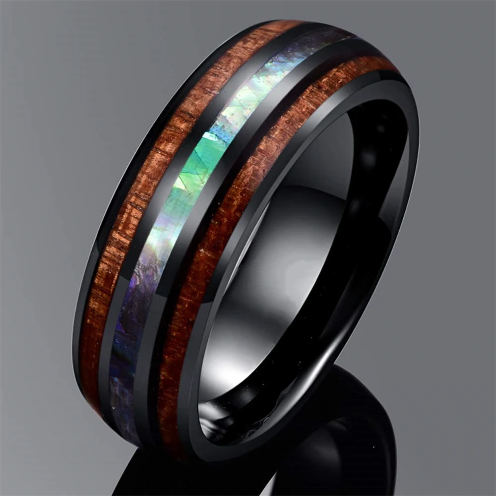 FDLK    8mm Black Stainless Steel Rings Inlay Hawaiian Koa Wood and Abalone Shell Wedding Band Men's Jewelry