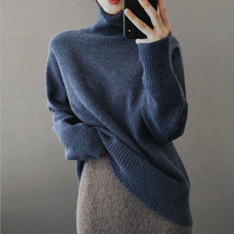 YYGegew cashmere autumn winter thick Sweater Pullover women long sleeve oversize high-Neck  basic chic knit sweater top