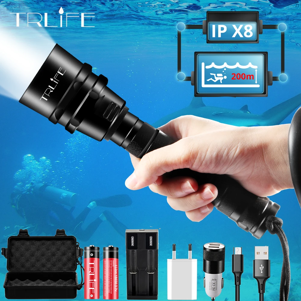 Brightest Professional Diving Flashlight XML T6 L2 Portable Scuba Dive torch 200M Underwater IPX8 Waterproof 18650 Flashlights