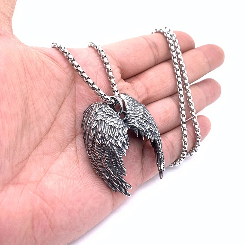 316L Stainless Steel Fashion Retro Angel Wing Men's Pendant Necklace European and American Trendy Men's Jewelry Gifts