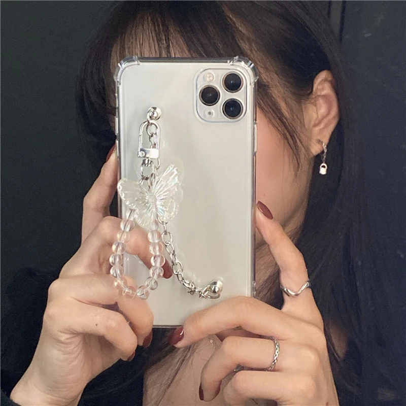 Cute Crystal Crystal wrist Strap Butterfly Pendant Phone Case For iPhone 13 12 11Pro Max 8 7 Plus TPU Cases For iPhone 11 ProMax