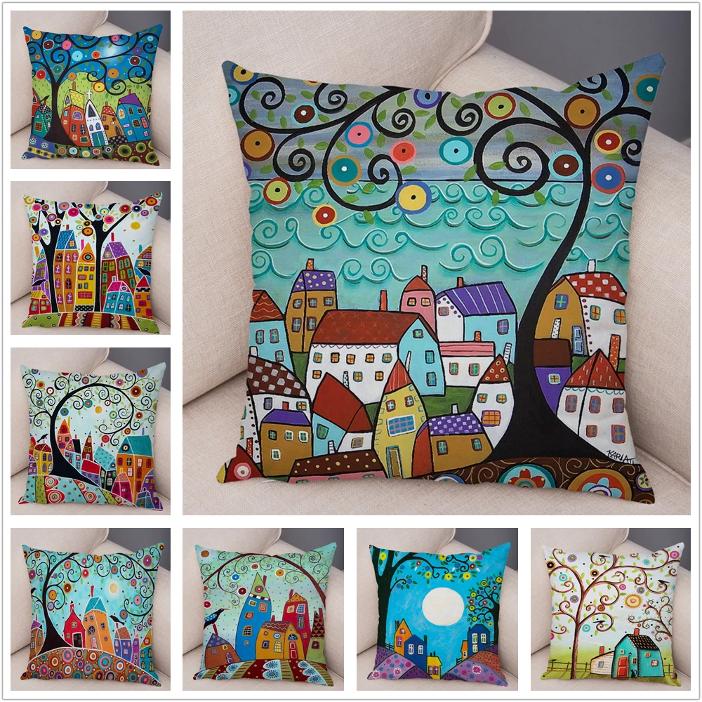 Retro Rural Color Cities Cushion Cover for Sofa Home Car Decor Colorful Cartoon House Pillow Case Tree Short Plush Pillowcase