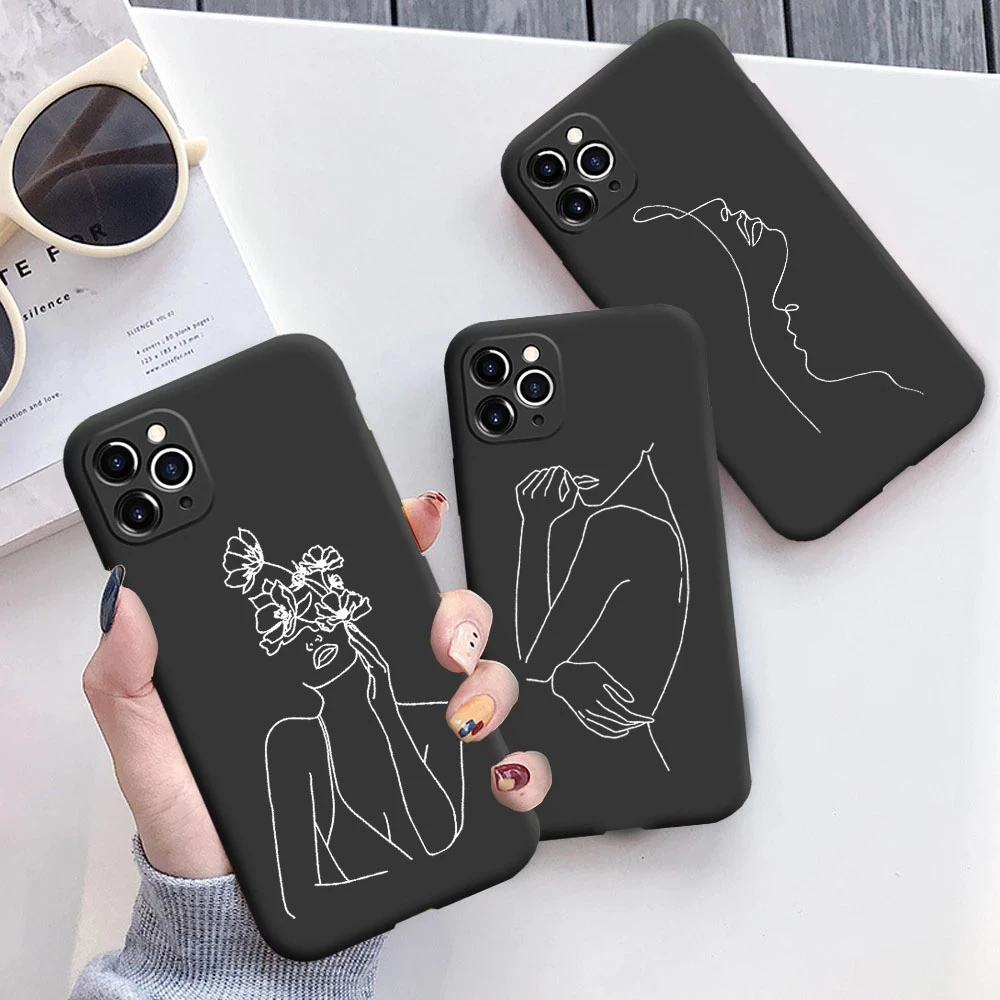 Abstract couple line drawing girl silicone phone case for iPhone 11 12 Pro xr xs max 6 7 8 plus SE 2020 Luxury black matte shell