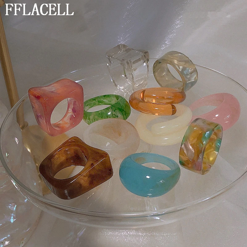 FFLACELL 2020 Summer Fashion Acrylic Geometric Irregular Glass Ball Transparent Resin Colorful Rings For Women Jewelry Gifts