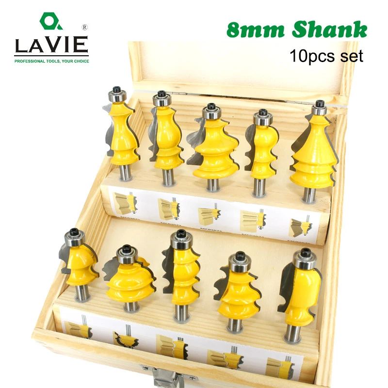 LA VIE 10pcs 8mm Shank Architectural Molding Handrail Router Bits Set Casing Base CNC Line Woodworking Cutters Face Mill MC02070