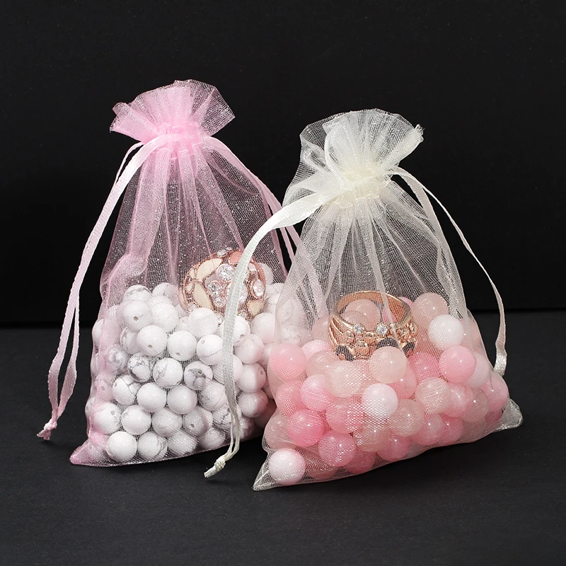 50pcs/lot 7*9/9*12/10*15/11*16/13*18cm Drawstring Organza Pouches Jewelry Packaging Bags Wedding Party SmallGift Bag