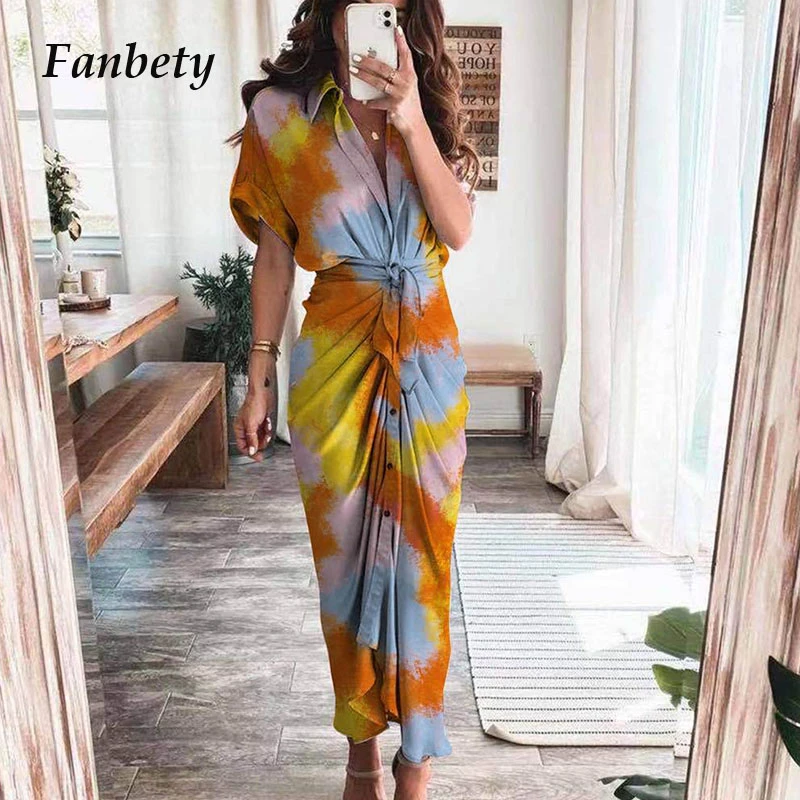 2021 Women Sexy Deep V Draped Shirt Long Dress Fashion Button Slit Bandage Beach Dress Lady Elegant Casual Short Sleeve Dresses