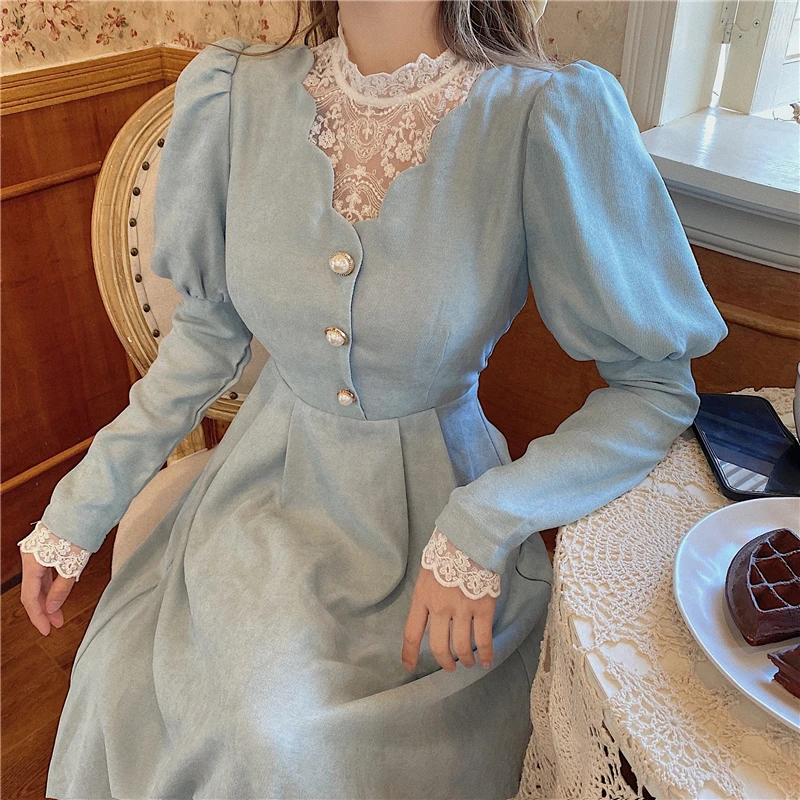 Solid Elegant Dress Women Winter Patchwork Lace Party Midi Dress Female Casual French Style Sweet Kawaii Korean Dress Women 2021