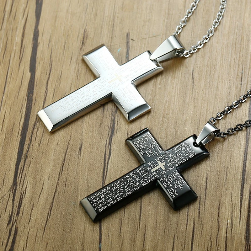 ZORCVENS Mens Bible Cross Pendant Necklace Stainless Steel In Black silver color Regilous Christian Male Choker Jewelry