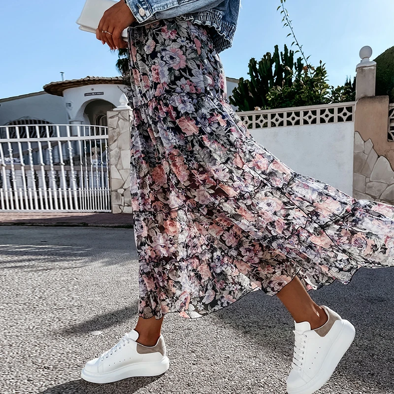 Summer High Waist Long Print Skirt Floral Split 2021 Women Casual Chiffon Beach Faldas Female Boho Elastic Waist Holiday Skirts