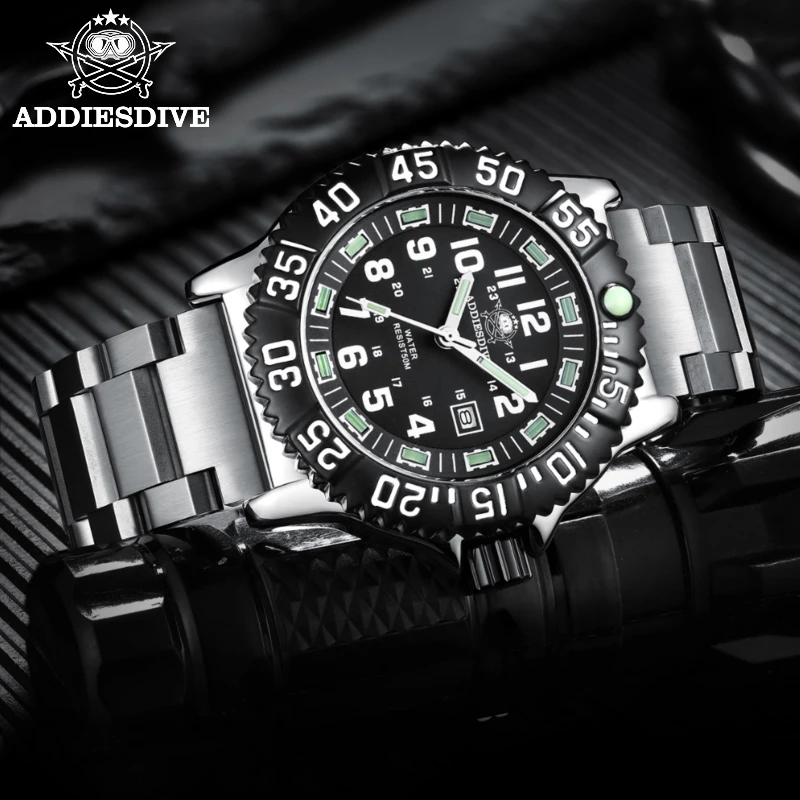 Addies Dive New Men Watch 316L Stainless Steel Strap Black Dial 50m Waterproof Watch Luminous Hand 51mm Alloy Case Sports Watch