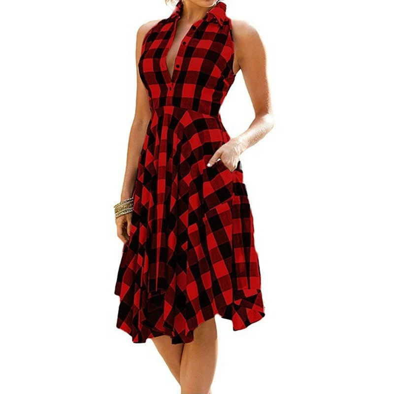 Women Sleeveless Plaid Dress A-Line Slim Pleated Shirt Dress Summer Casual Lapel Knee-Length Beach Party Midi Dress платье