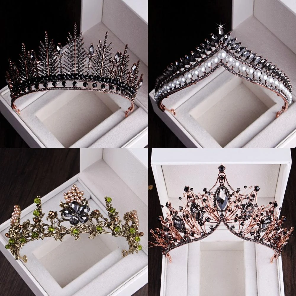 Baroque Black Crystal Pearl Bridal Tiaras Crown Rhinestone Pageant Diadem Bride Headband Wedding Hair Accessories Tiara De Noiva