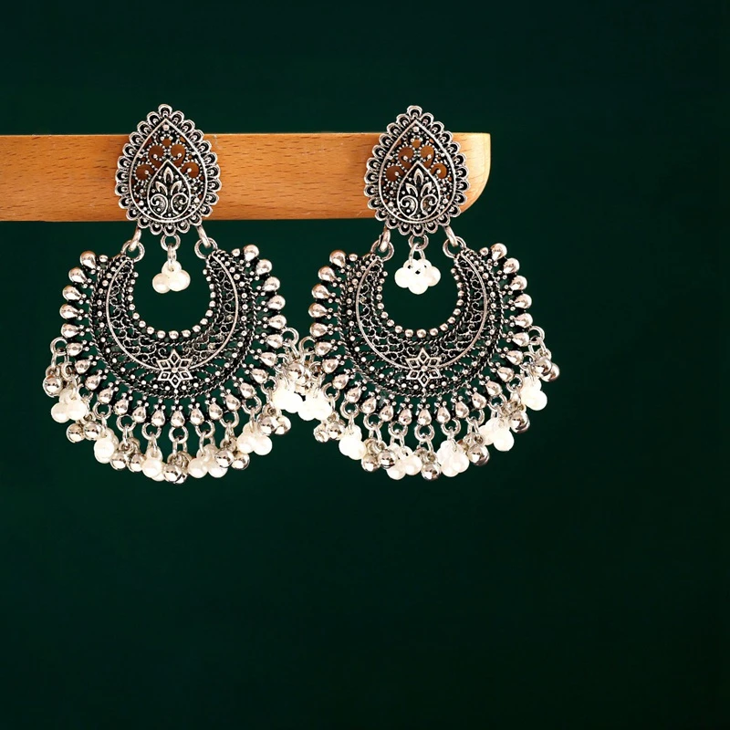 Classic Women's Silver Color Earrings Turkey Bijoux Vintage Bohemia Pearl Beaded Tassel Earrings Ethnic Tribe Indian Jewelry
