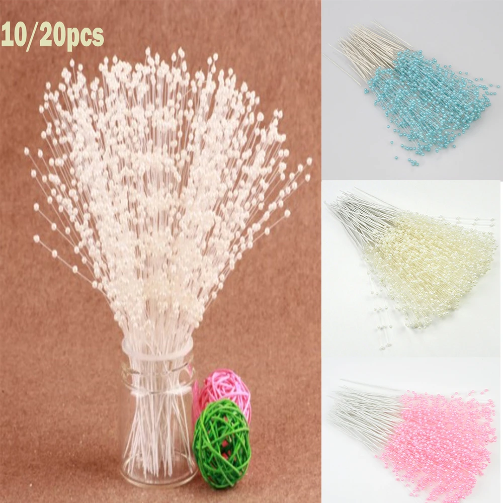 10/20pcs Bunch String Pearl Sticks Bridal Bouquets White Beaded Handmade Flower Stem Beads Wedding Party Decor Christmas gift